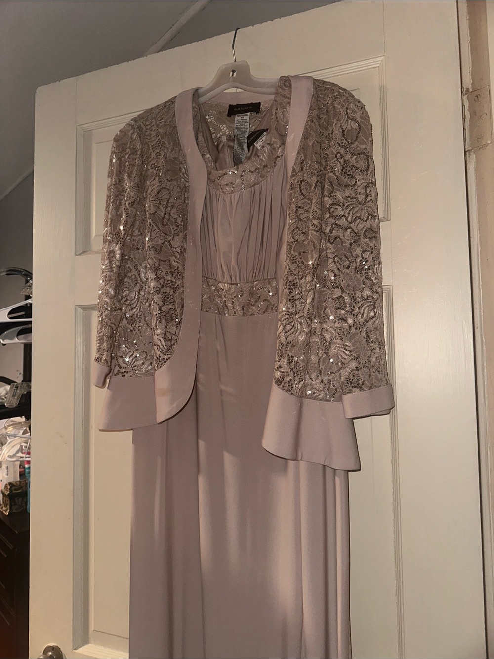 R&M Richards Sequin-Embellished Dusty Blush Long Sleeve Dress with Jacket